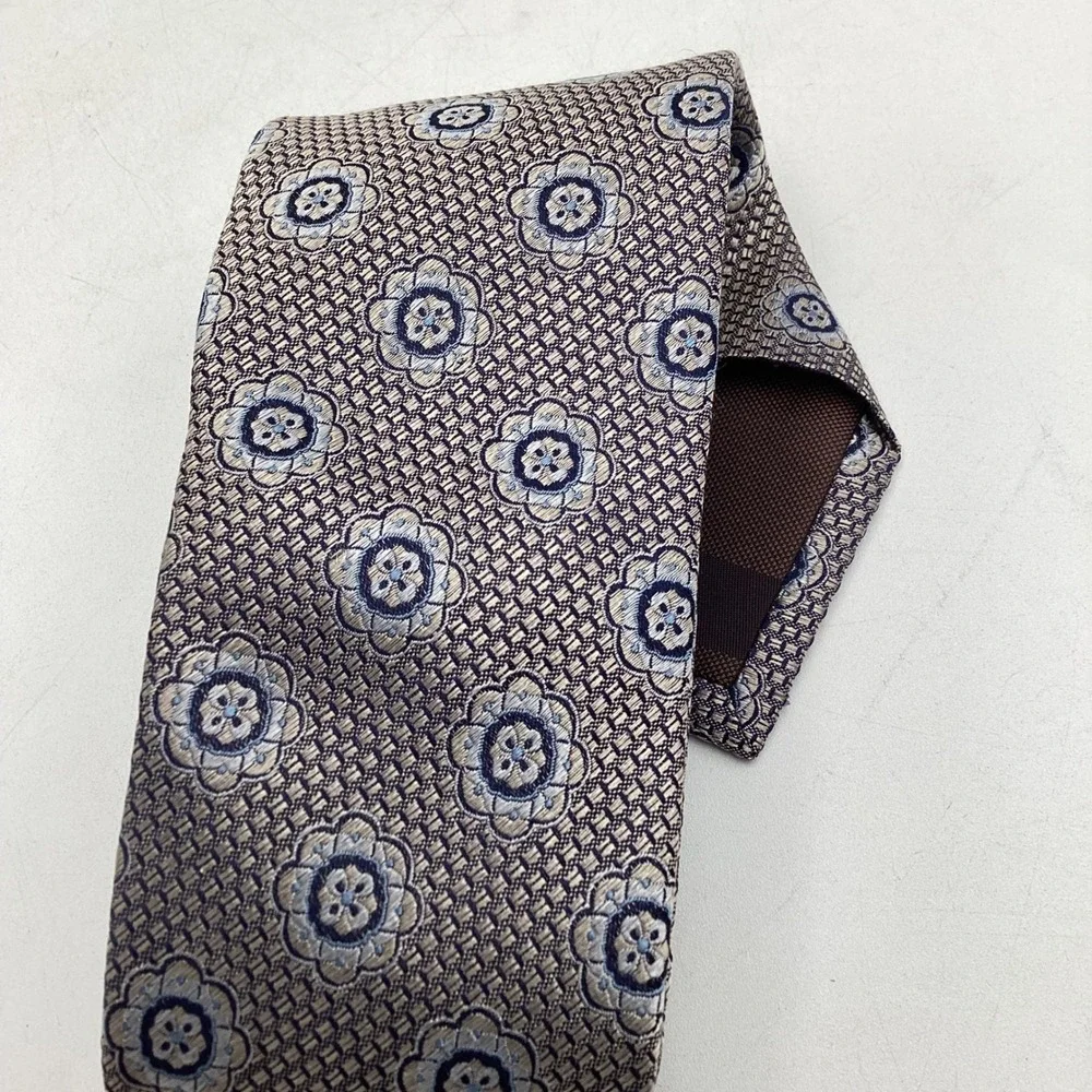Tasso Elba Mens Silk Tie Brown Blue Geometric Floral Medallion‎ Classic Necktie